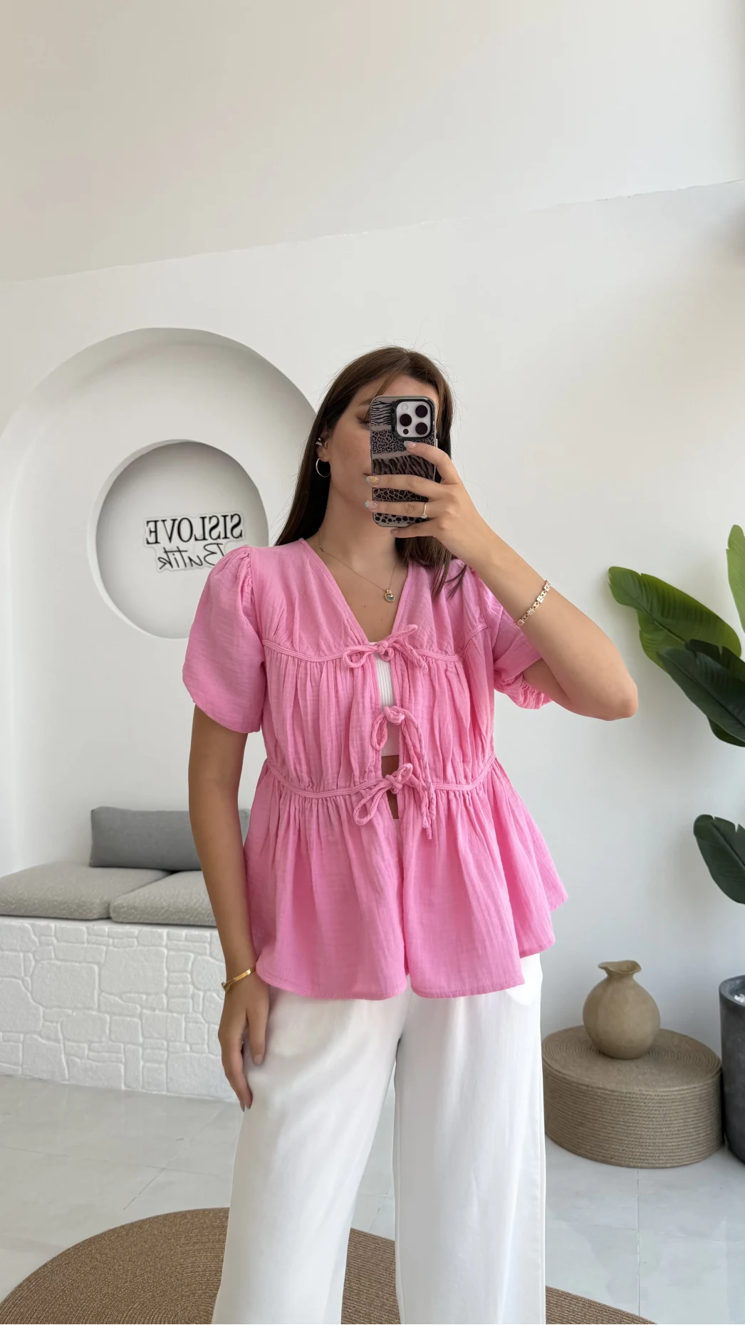 Rachel Bağlamalı Bluz Müslin Kumaş Pembe - 1024