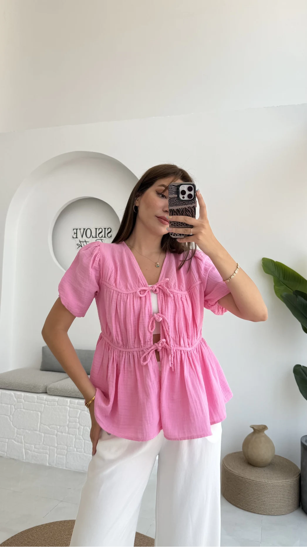 Rachel Bağlamalı Bluz Müslin Kumaş Pembe - 1024