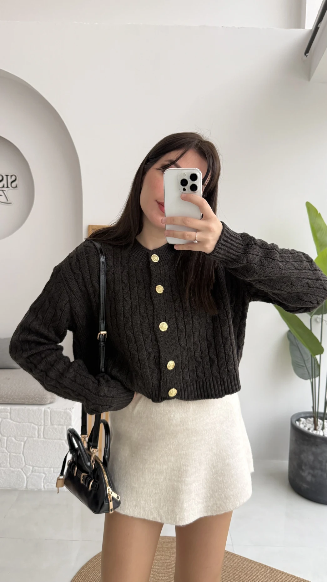 Rachel Gold Düğme Detay Crop Hırka - Acı Kahve