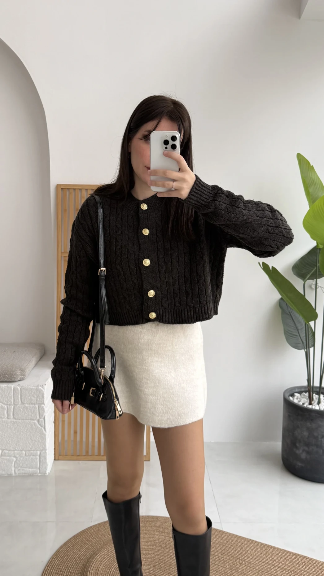 Rachel Gold Düğme Detay Crop Hırka - Acı Kahve