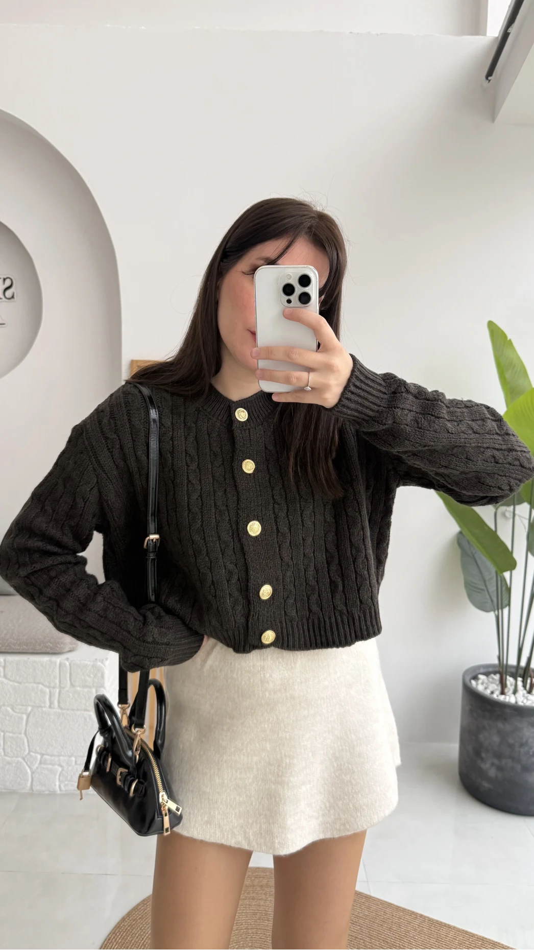 Rachel Gold Düğme Detay Crop Hırka - Acı Kahve