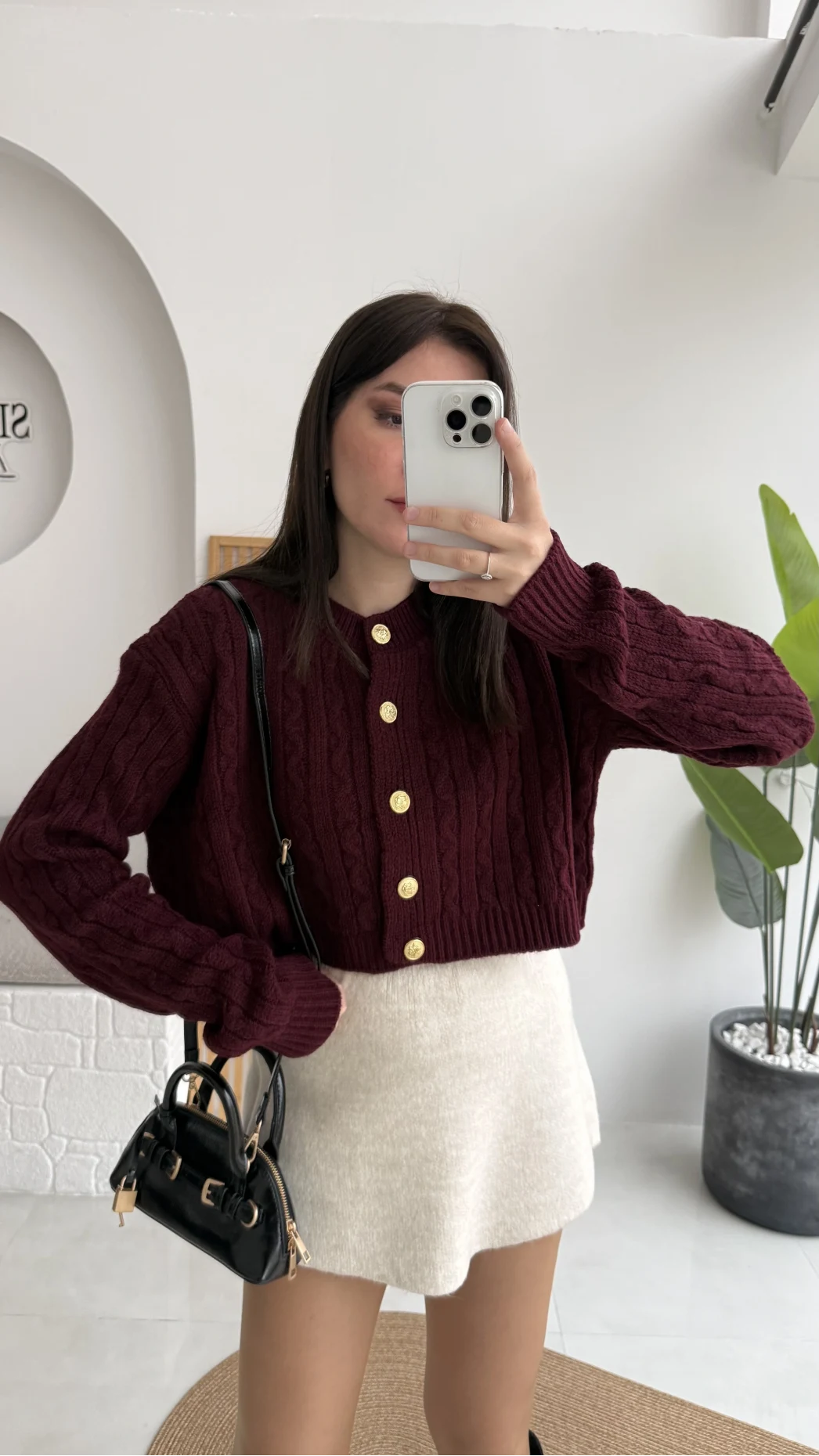 Rachel Gold Düğme Detay Crop Hırka - Bordo