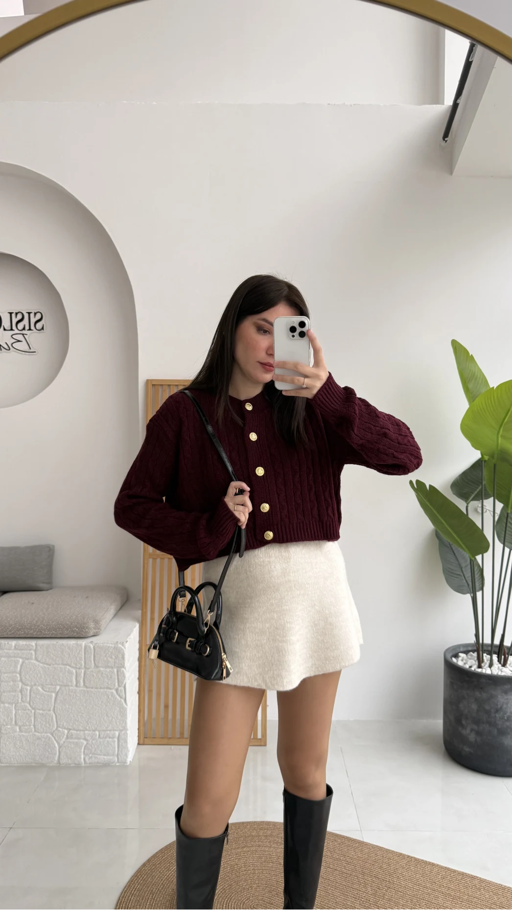 Rachel Gold Düğme Detay Crop Hırka - Bordo