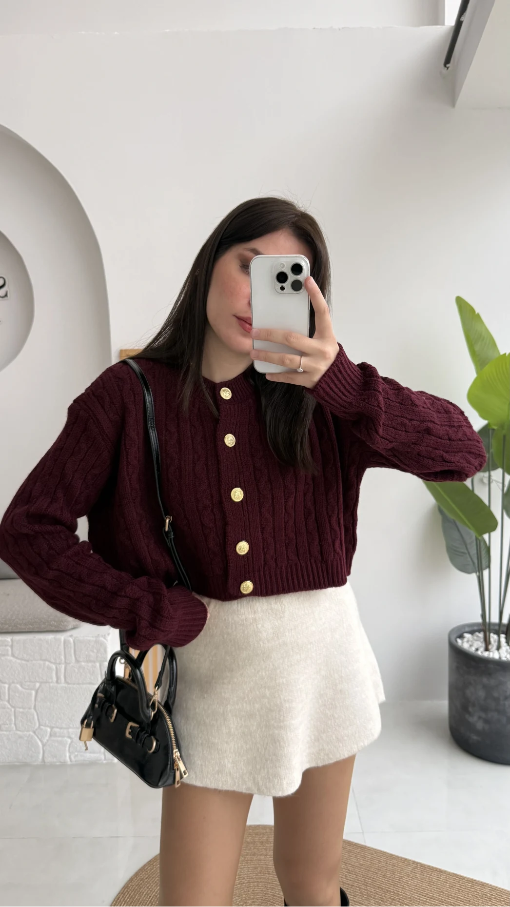 Rachel Gold Düğme Detay Crop Hırka - Bordo