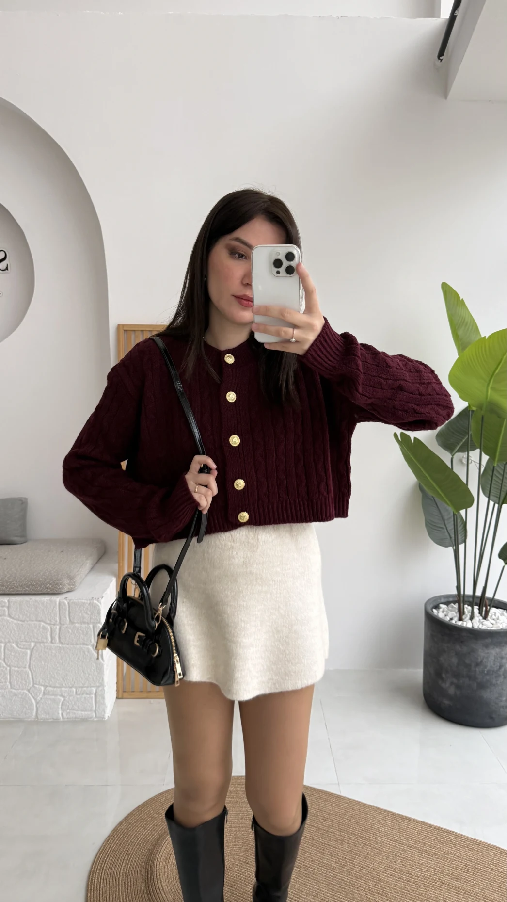 Rachel Gold Düğme Detay Crop Hırka - Bordo