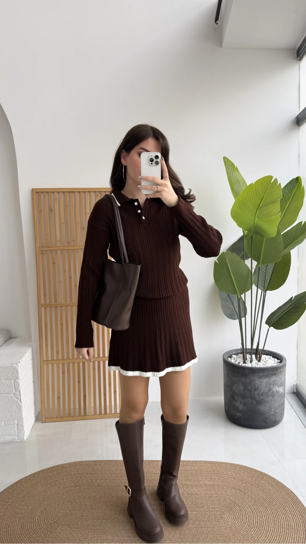 Rakel Polo Yaka Saç Örgülü Triko Mini Etek Takım - Acı Kahve