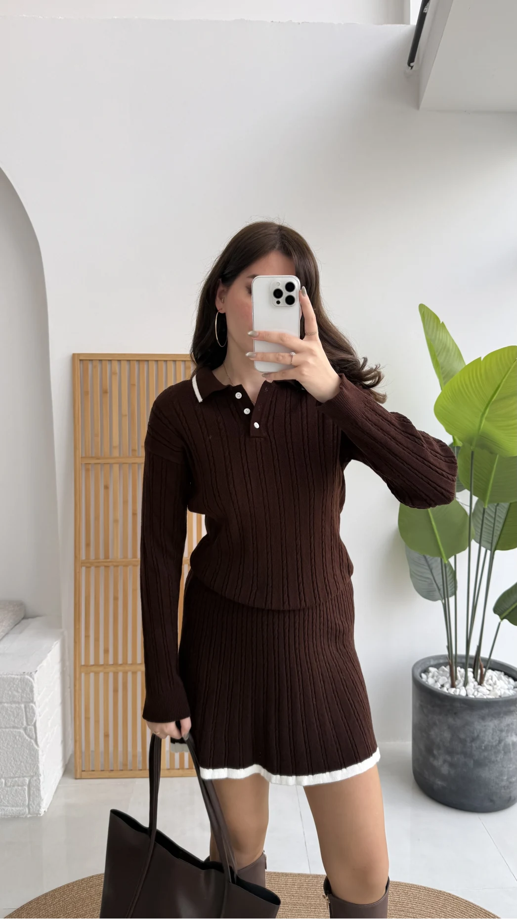 Rakel Polo Yaka Saç Örgülü Triko Mini Etek Takım - Acı Kahve