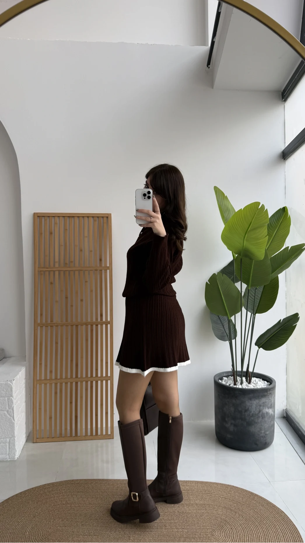 Rakel Polo Yaka Saç Örgülü Triko Mini Etek Takım - Acı Kahve