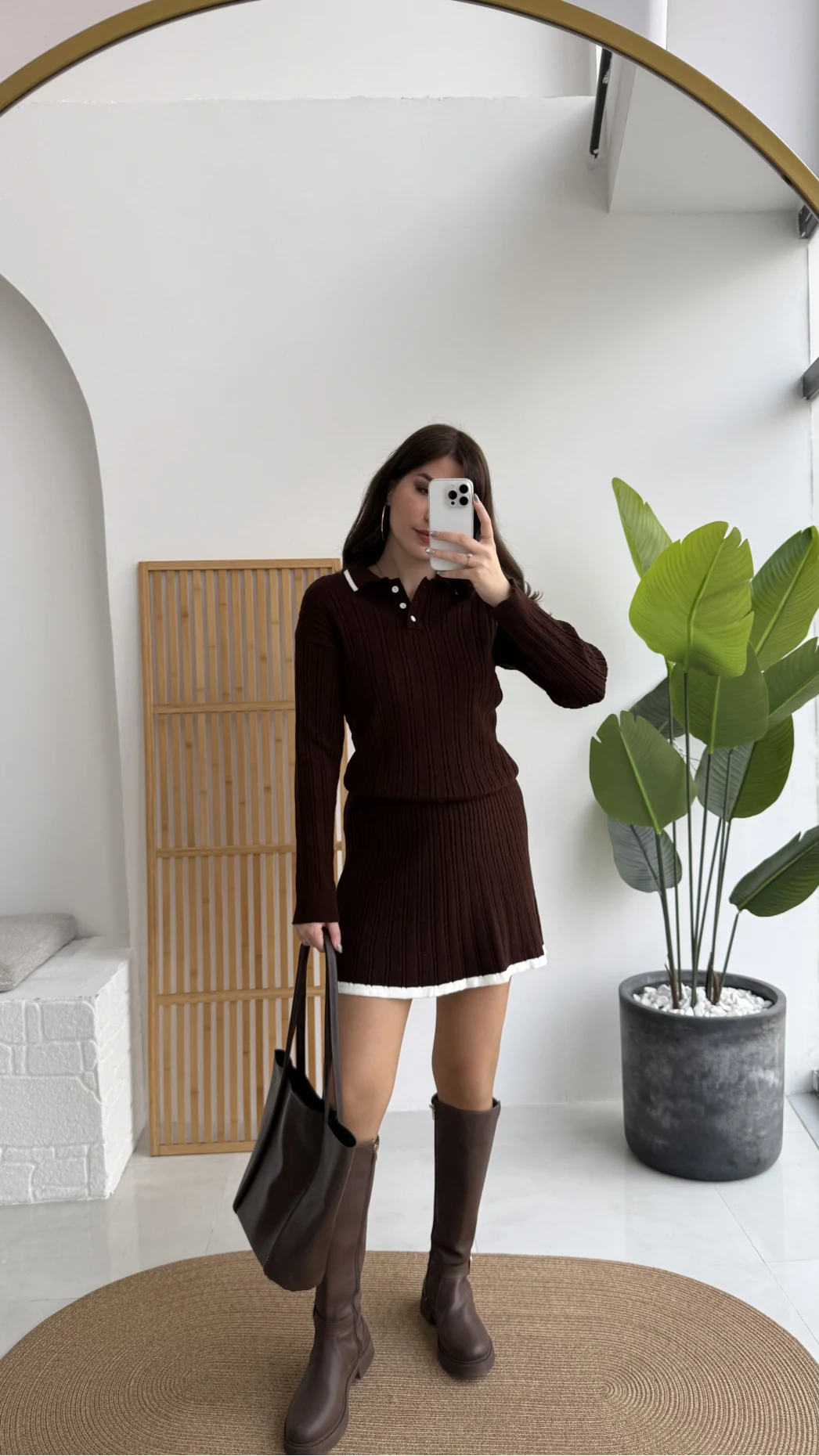 Rakel Polo Yaka Saç Örgülü Triko Mini Etek Takım - Acı Kahve