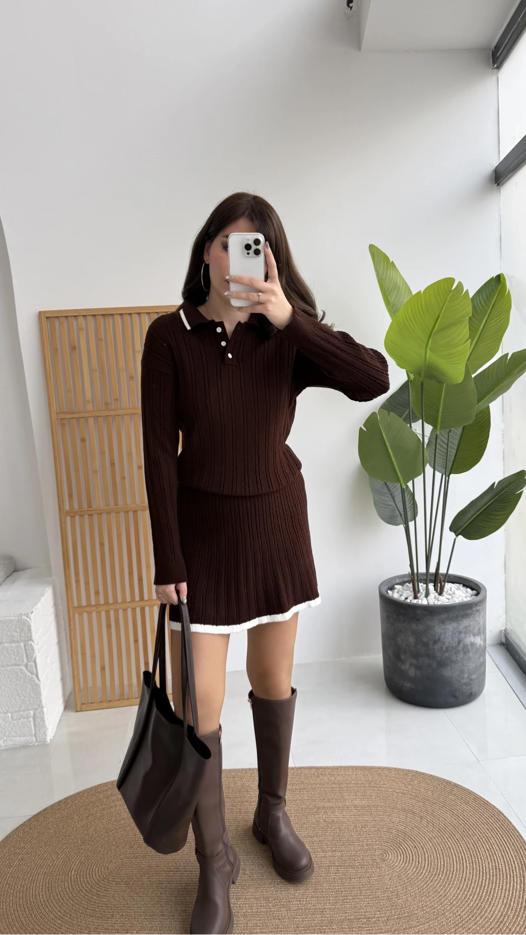 Rakel Polo Yaka Saç Örgülü Triko Mini Etek Takım - Acı Kahve