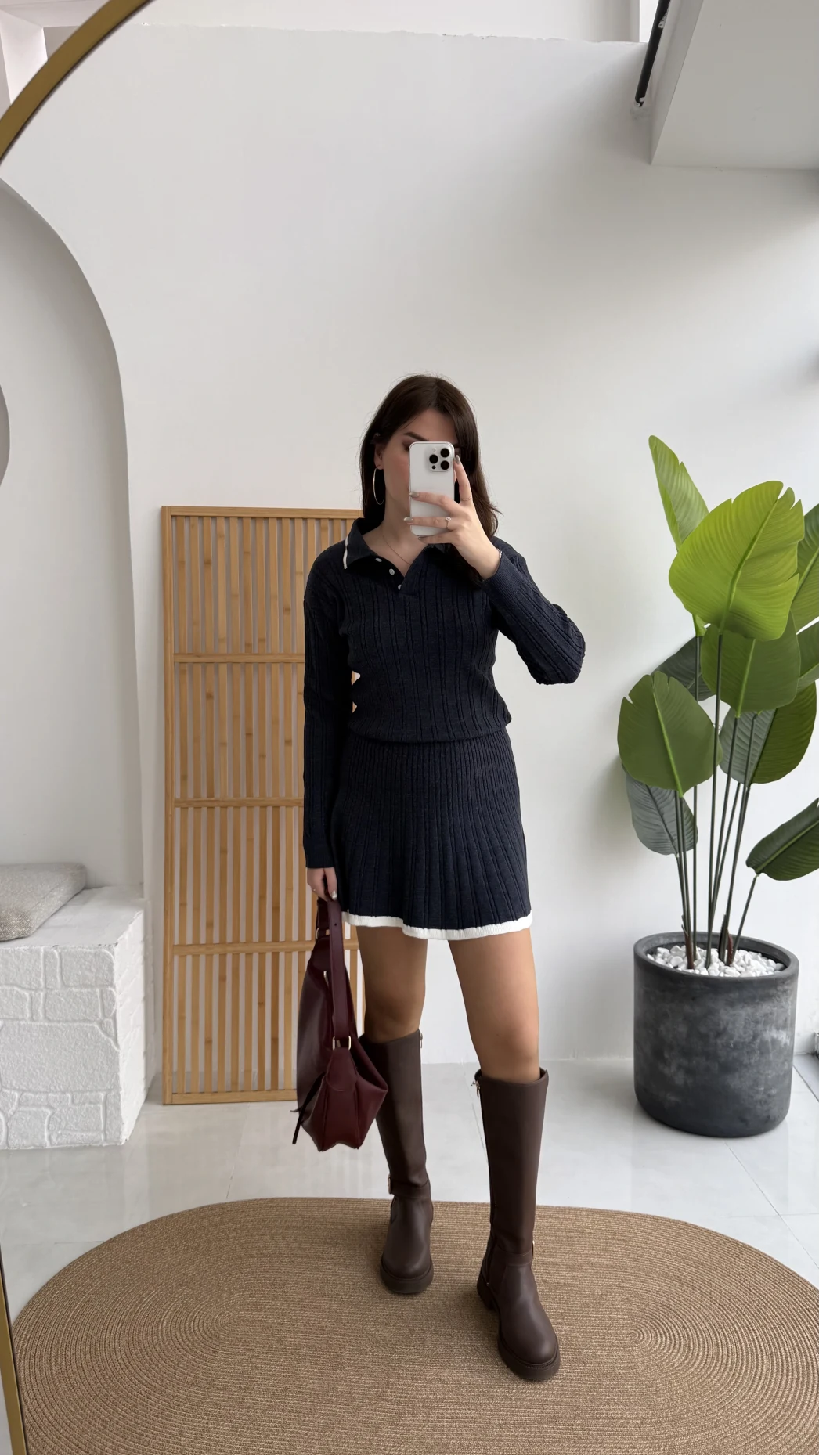 Rakel Polo Yaka Saç Örgülü Triko Mini Etek Takım - Lacivert