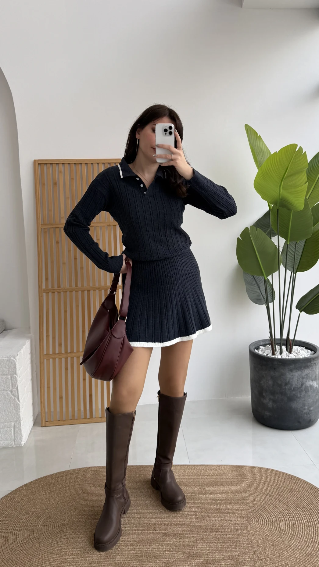 Rakel Polo Yaka Saç Örgülü Triko Mini Etek Takım - Lacivert