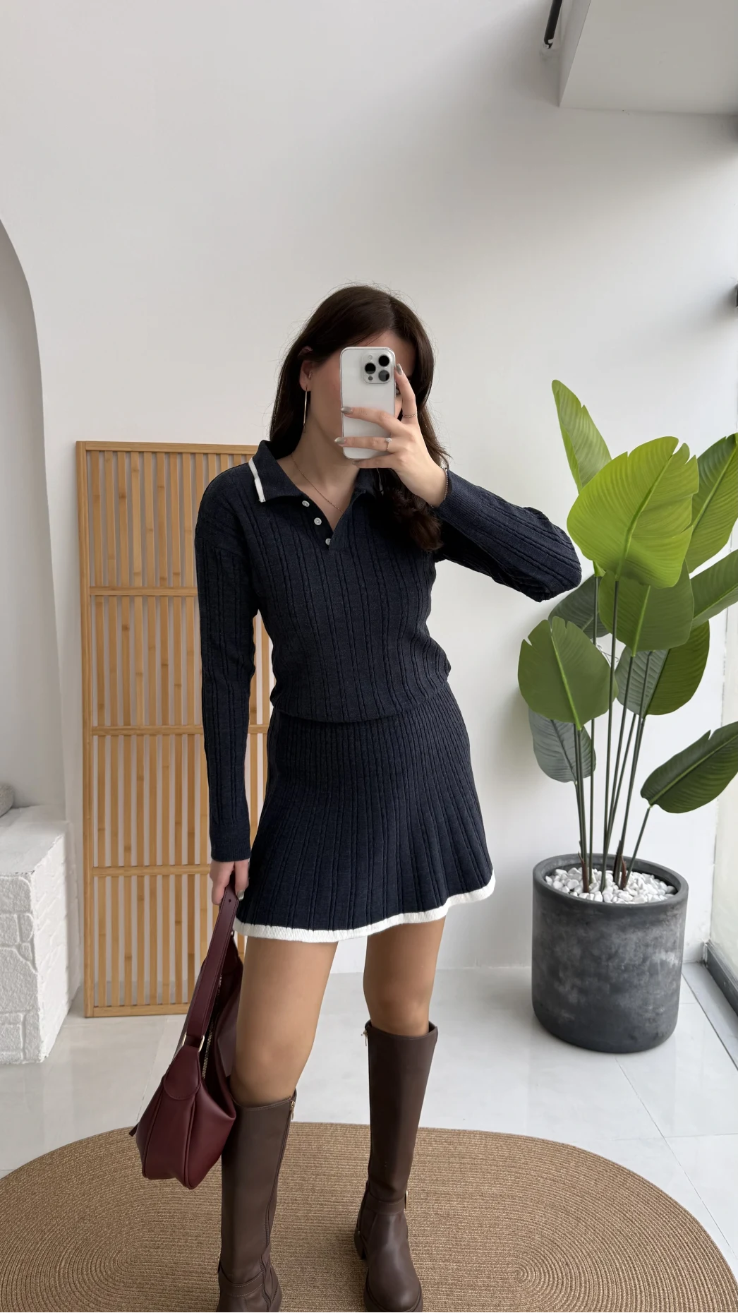 Rakel Polo Yaka Saç Örgülü Triko Mini Etek Takım - Lacivert