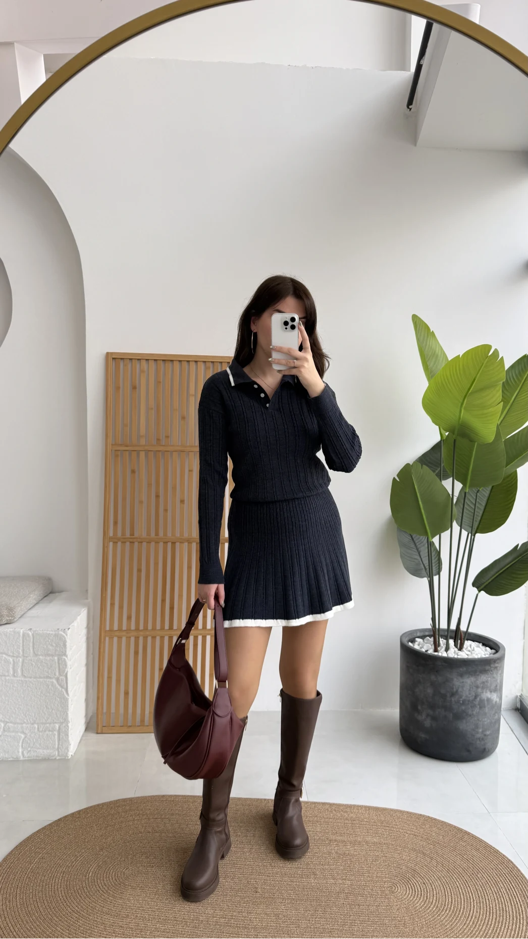 Rakel Polo Yaka Saç Örgülü Triko Mini Etek Takım - Lacivert