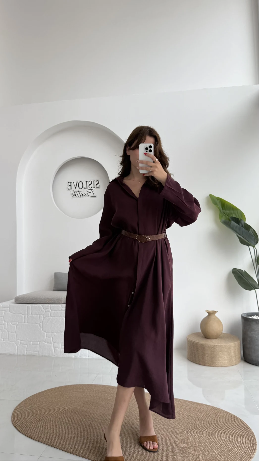 Roar Kemerli Gömlek Elbise - 3270 - Mürdüm