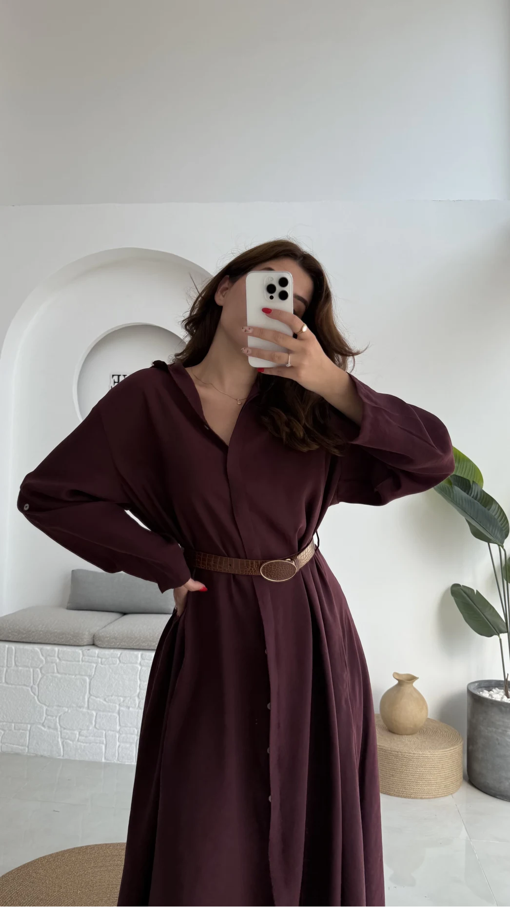 Roar Kemerli Gömlek Elbise - 3270 - Mürdüm