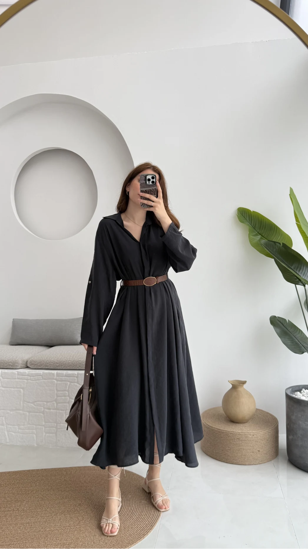 Roar Kemerli Gömlek Elbise - 3270 - Siyah