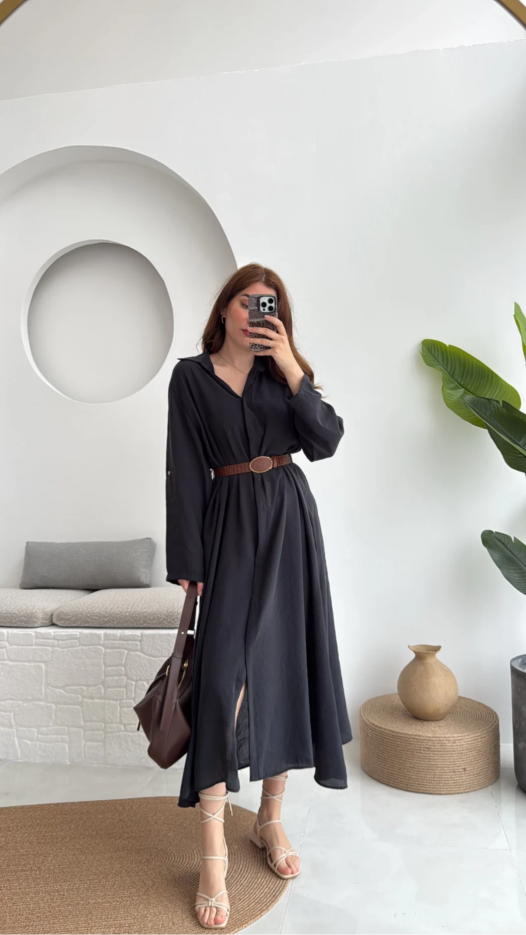 Roar Kemerli Gömlek Elbise - 3270 - Siyah