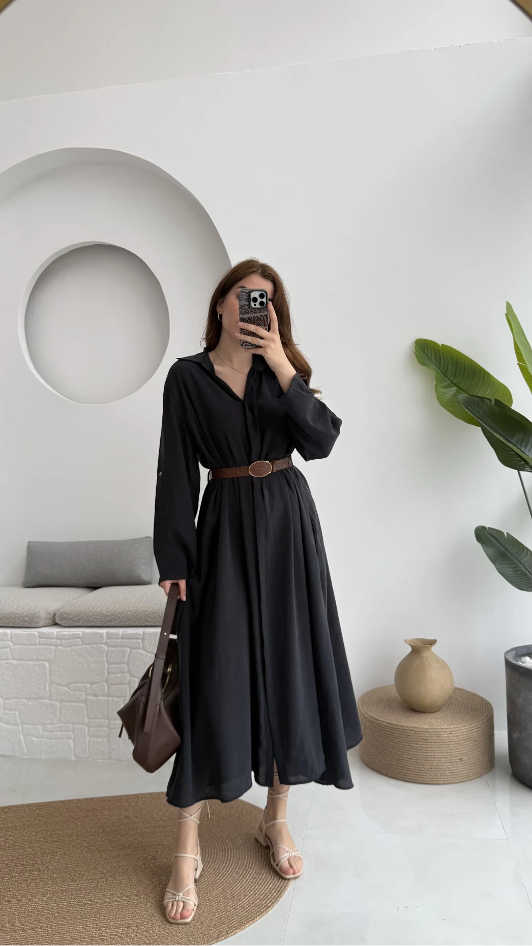 Roar Kemerli Gömlek Elbise - 3270 - Siyah