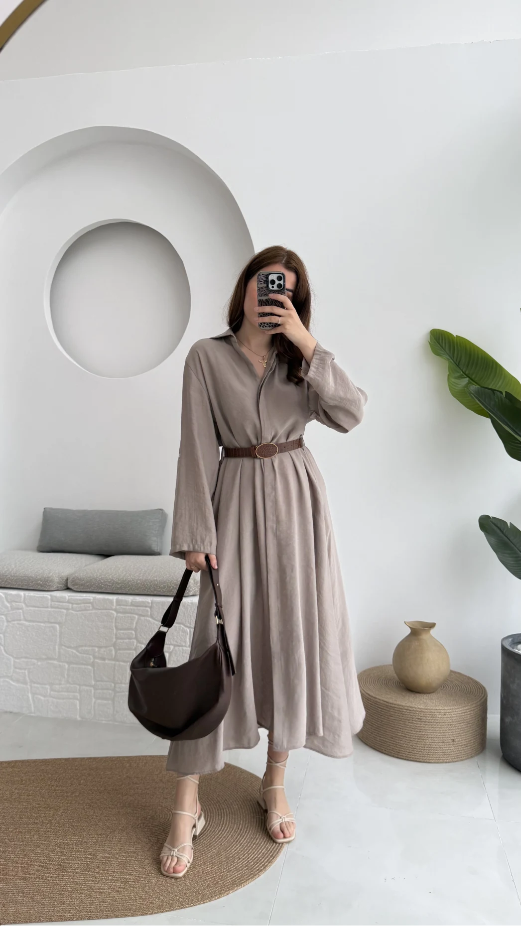 Roar Kemerli Gömlek Elbise - 3270 - Vizon