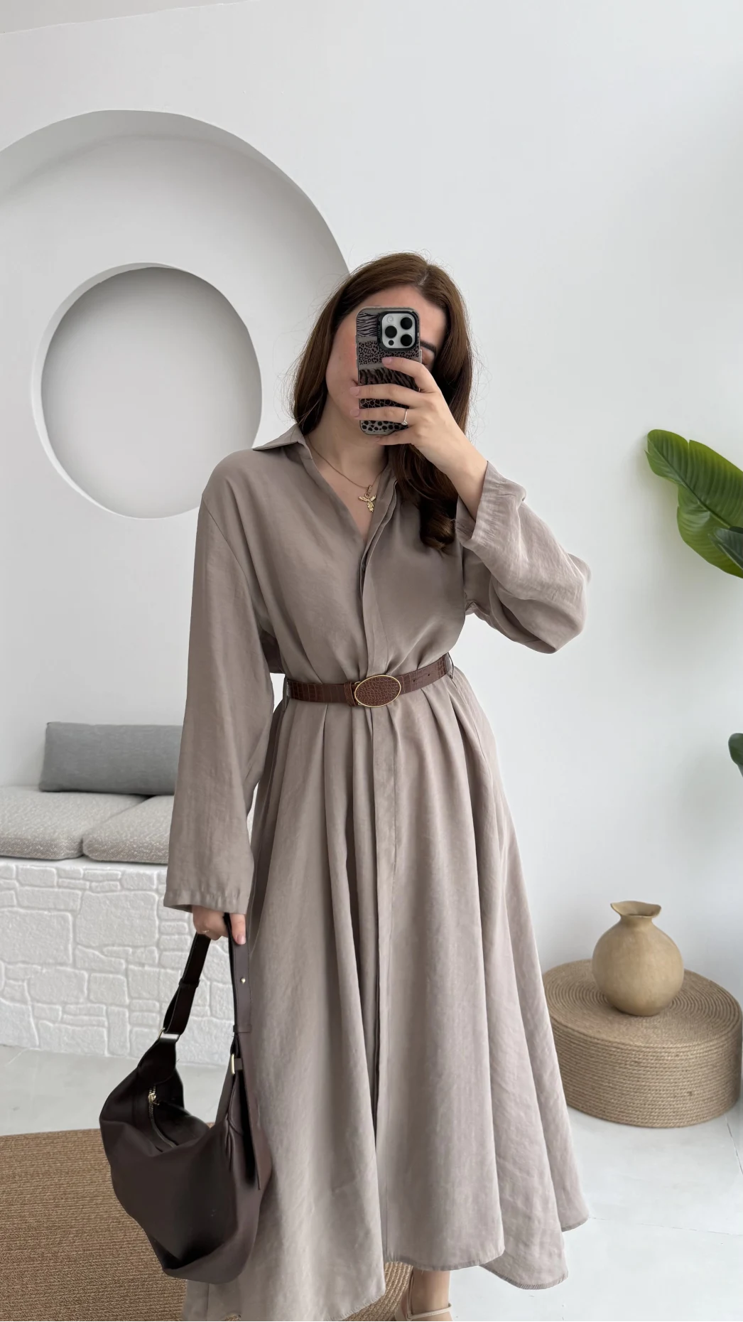 Roar Kemerli Gömlek Elbise - 3270 - Vizon