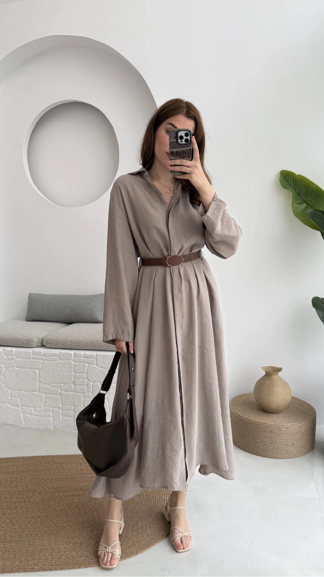 Roar Kemerli Gömlek Elbise - 3270 - Vizon