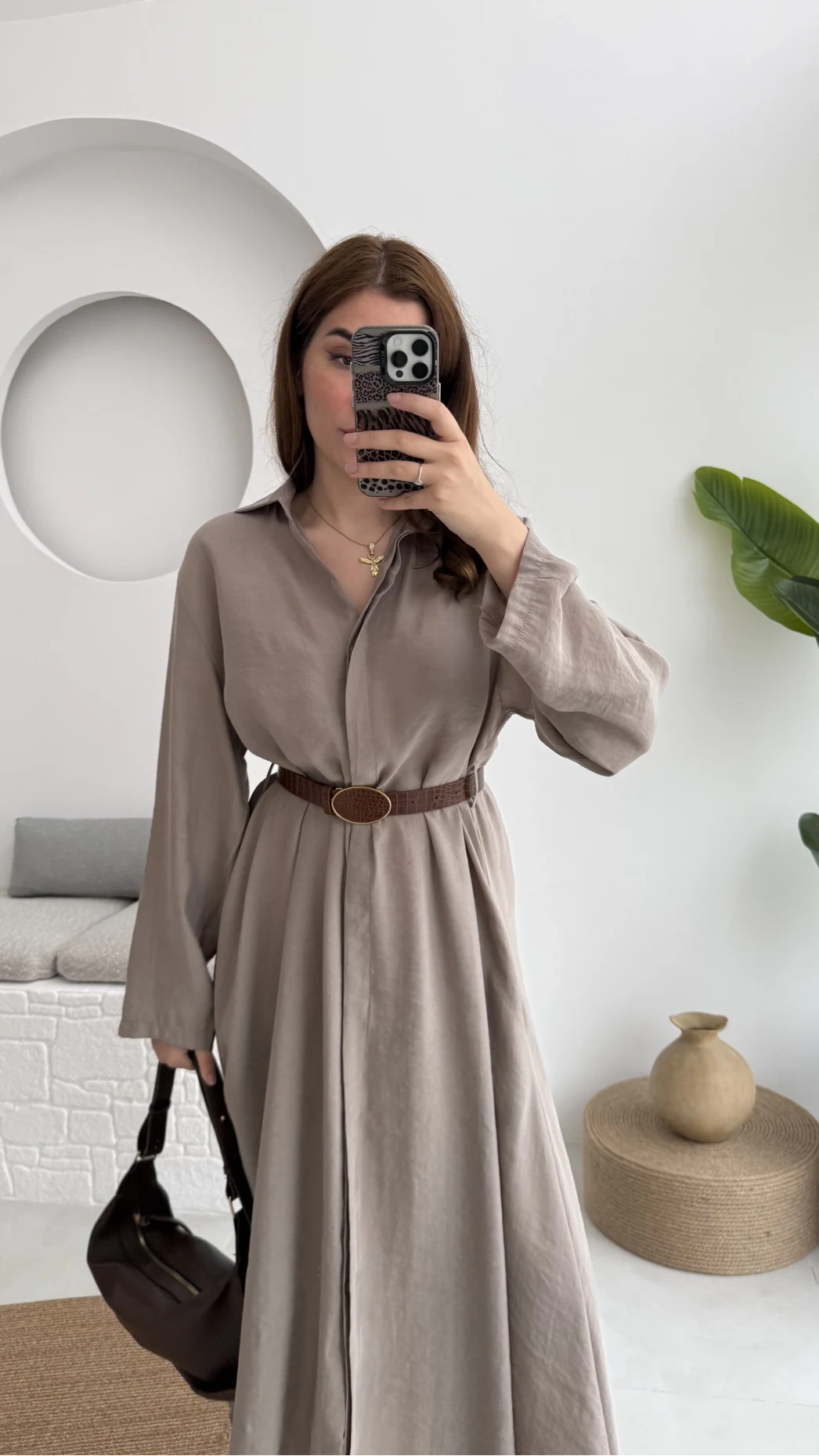 Roar Kemerli Gömlek Elbise - 3270 - Vizon