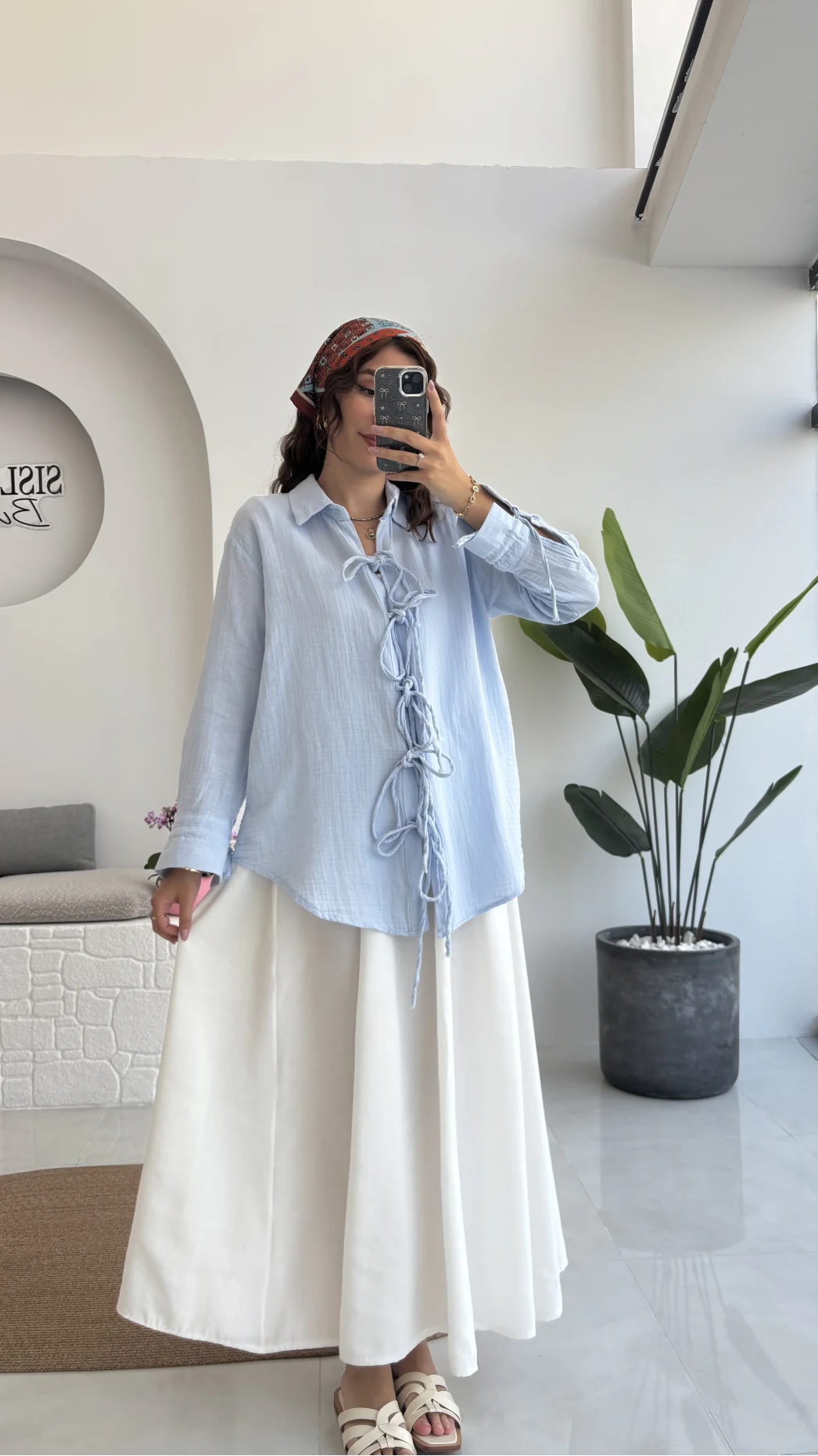 2088 - Roma Uzun Kollu Bağlamalı Gömlek - Bebe Mavisi