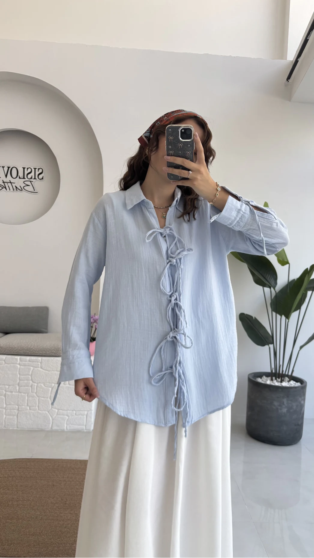 2088 - Roma Uzun Kollu Bağlamalı Gömlek - Bebe Mavisi