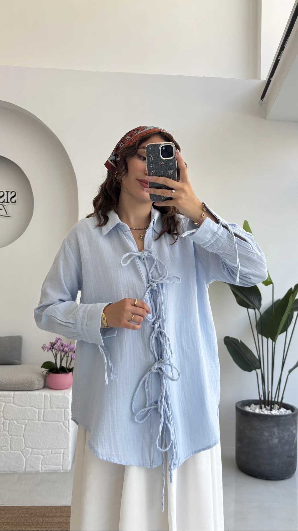 2088 - Roma Uzun Kollu Bağlamalı Gömlek - Bebe Mavisi