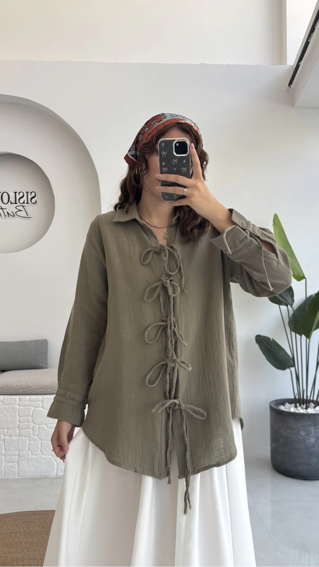 2088 - Roma Uzun Kollu Bağlamalı Gömlek - Haki