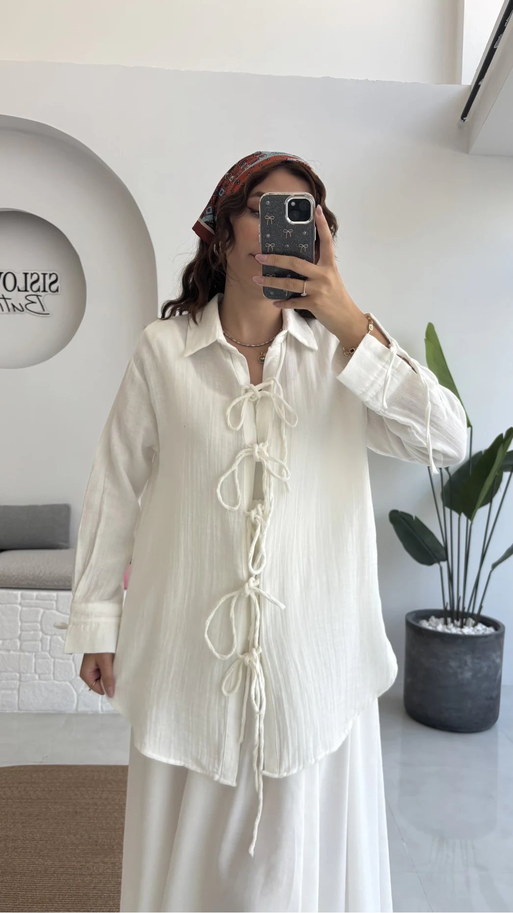 2088 - Roma Uzun Kollu Bağlamalı Gömlek - Kırık Beyaz