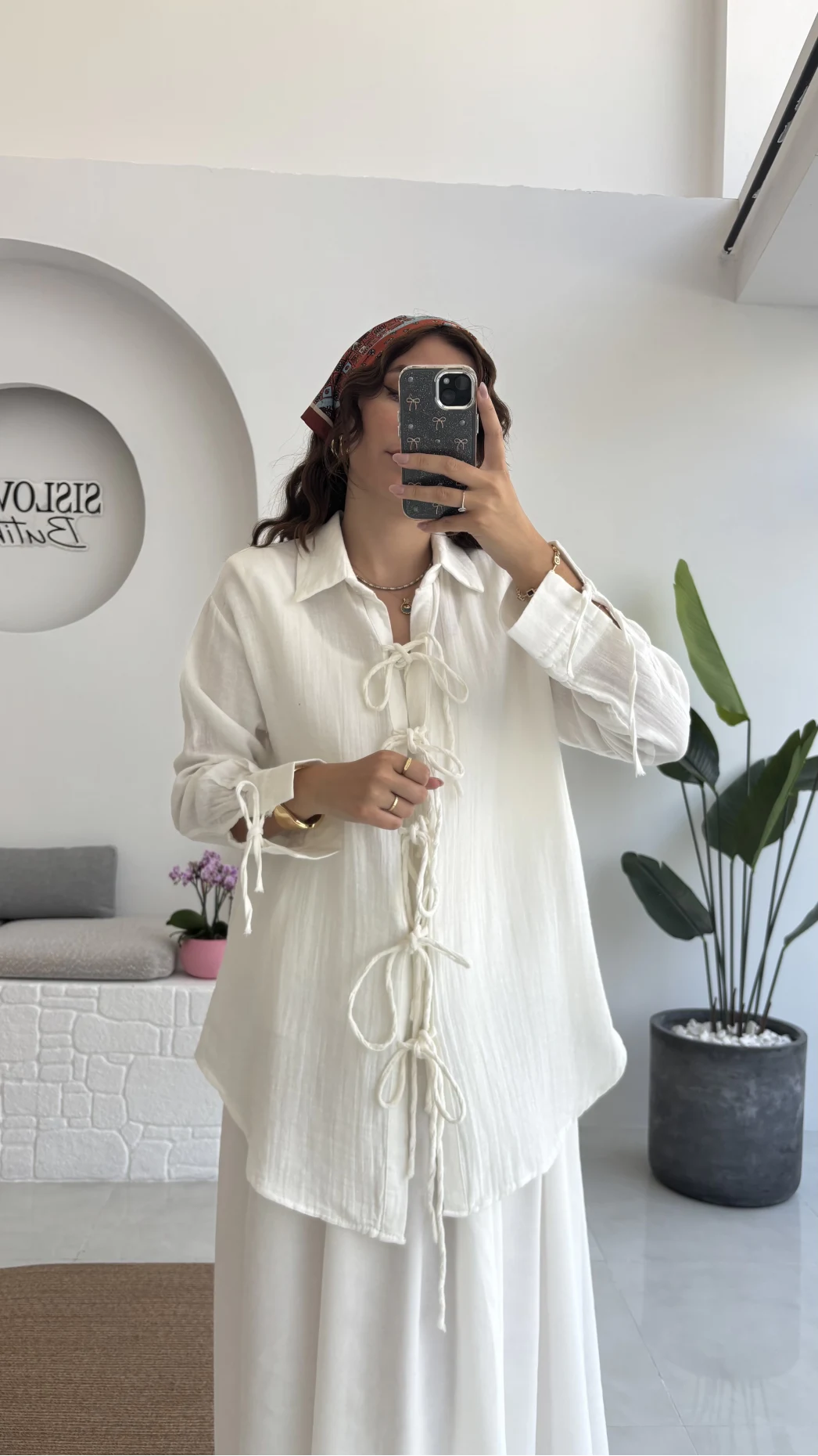 2088 - Roma Uzun Kollu Bağlamalı Gömlek - Kırık Beyaz