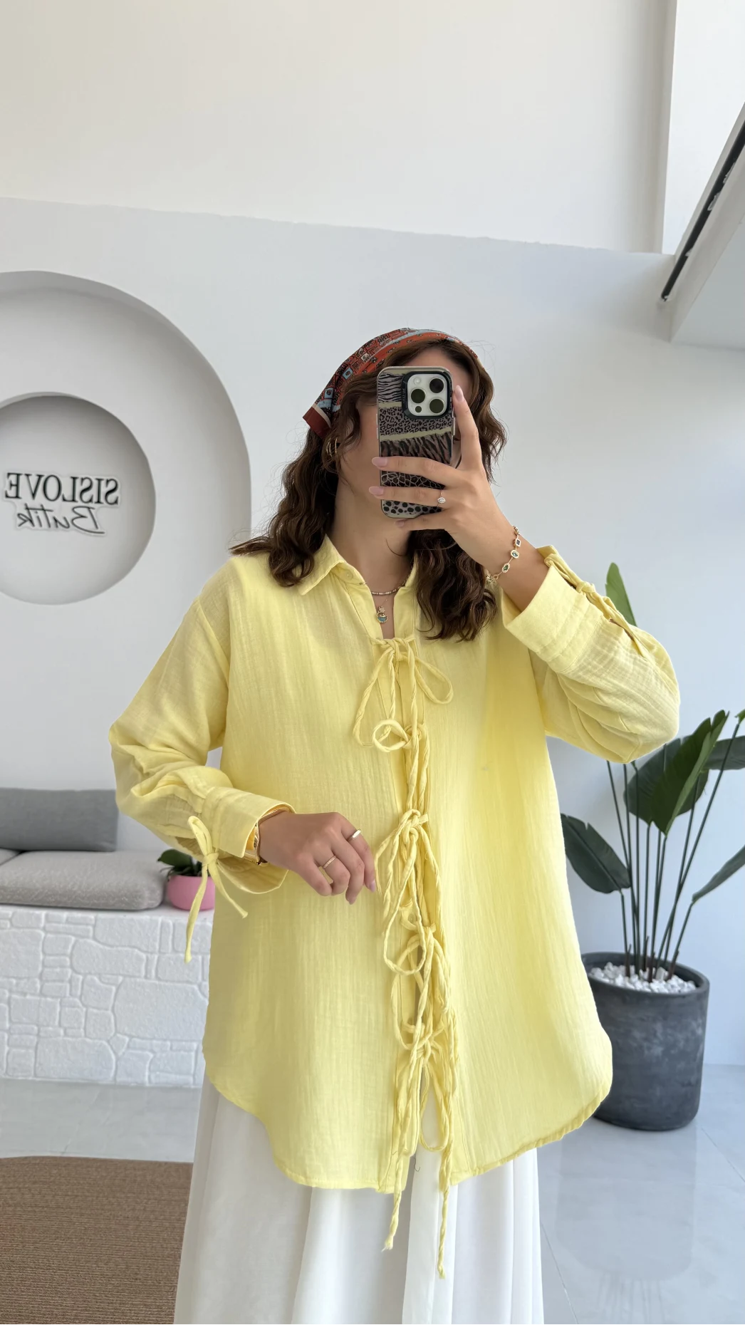 2088 - Roma Uzun Kollu Bağlamalı Gömlek - Sarı