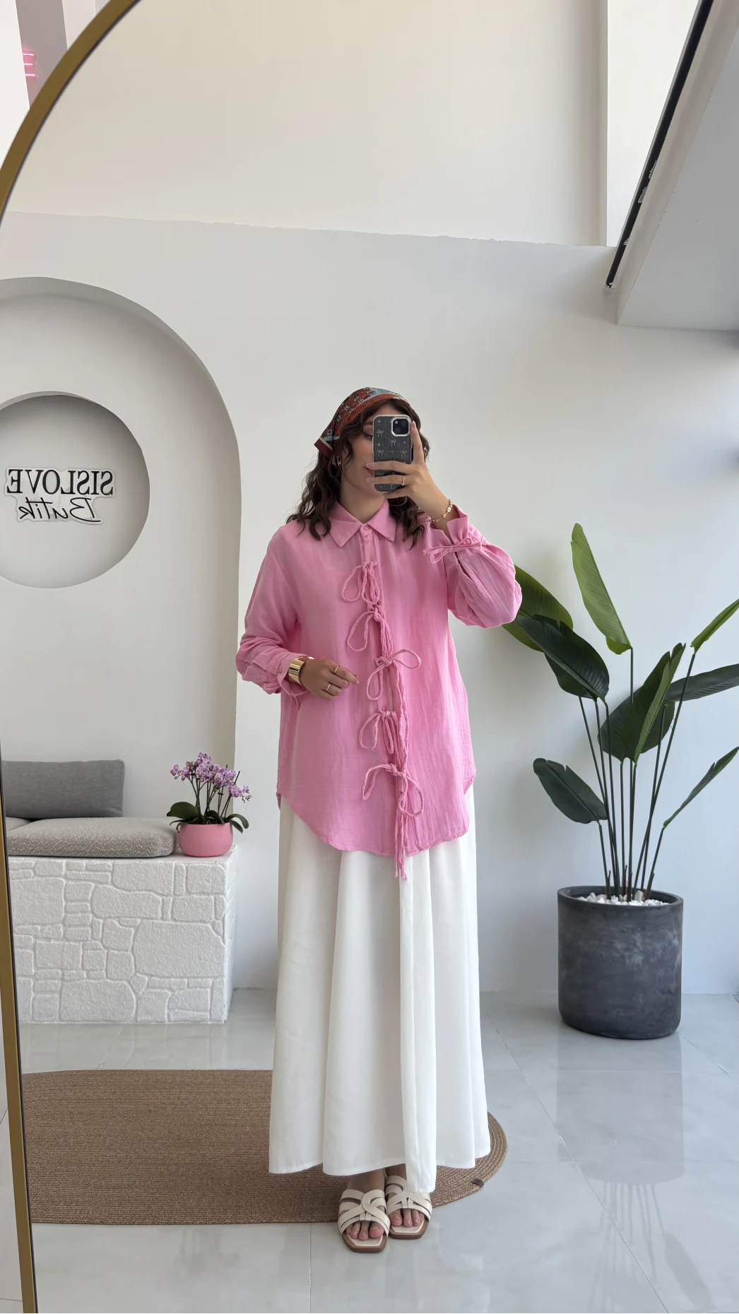 2088 - Roma Uzun Kollu Bağlamalı Gömlek - Şeker Pembesi