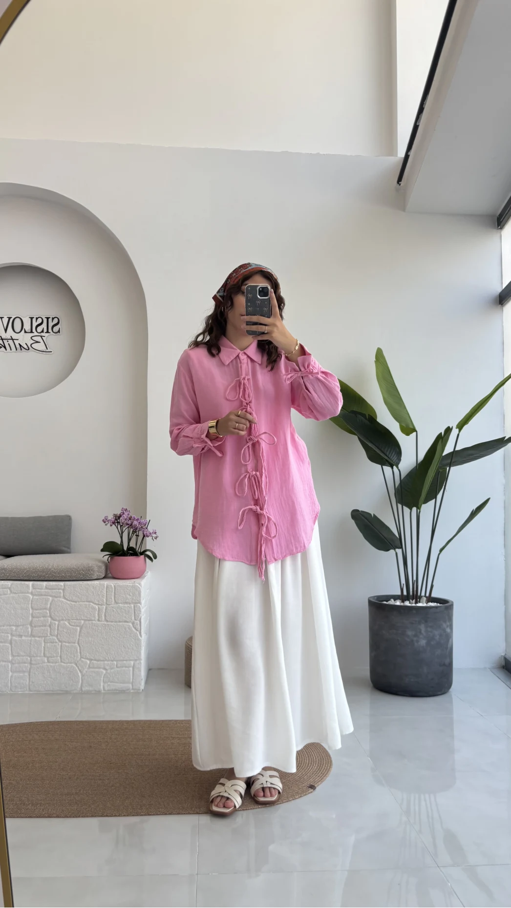 2088 - Roma Uzun Kollu Bağlamalı Gömlek - Şeker Pembesi