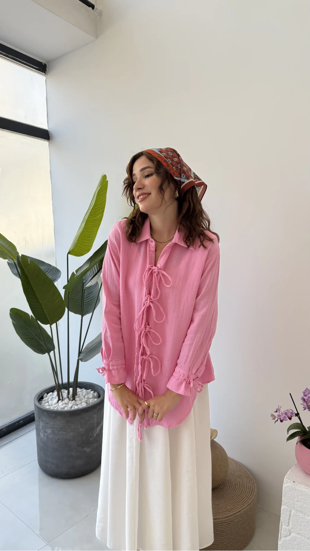 2088 - Roma Uzun Kollu Bağlamalı Gömlek - Şeker Pembesi