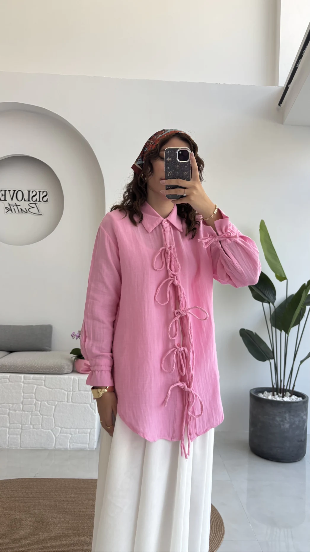 2088 - Roma Uzun Kollu Bağlamalı Gömlek - Şeker Pembesi