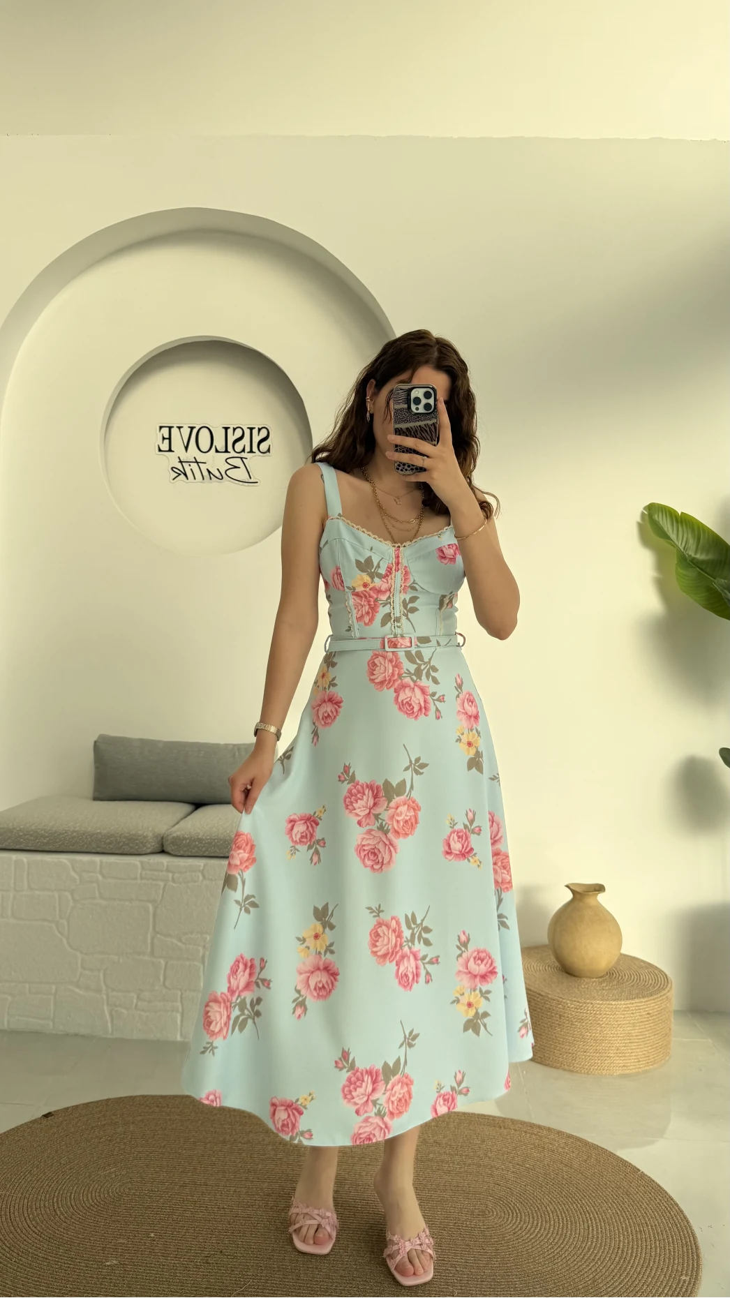 Rosa Kemerli Elbise - Bebe Mavisi - 8582