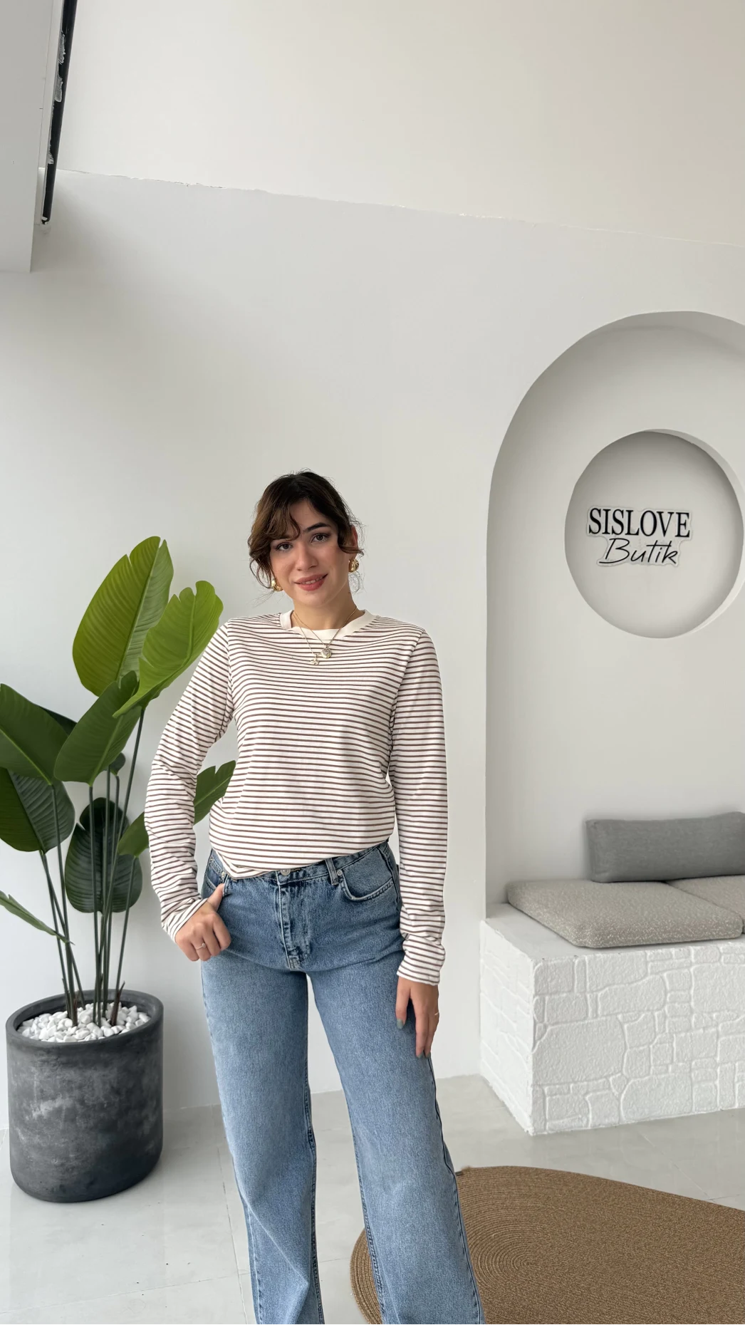 Rosalind Uzun Kollu Çizgili Bluz - Kahverengi