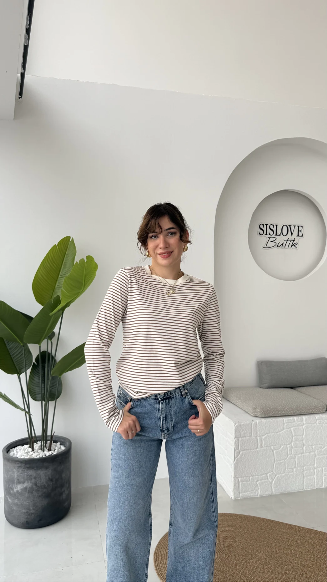 Rosalind Uzun Kollu Çizgili Bluz - Kahverengi