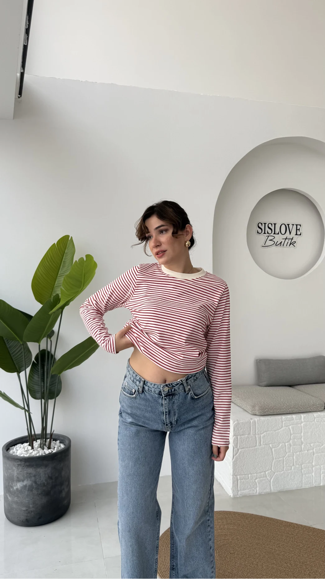 Rosalind Uzun Kollu Çizgili Bluz - Kırmızı