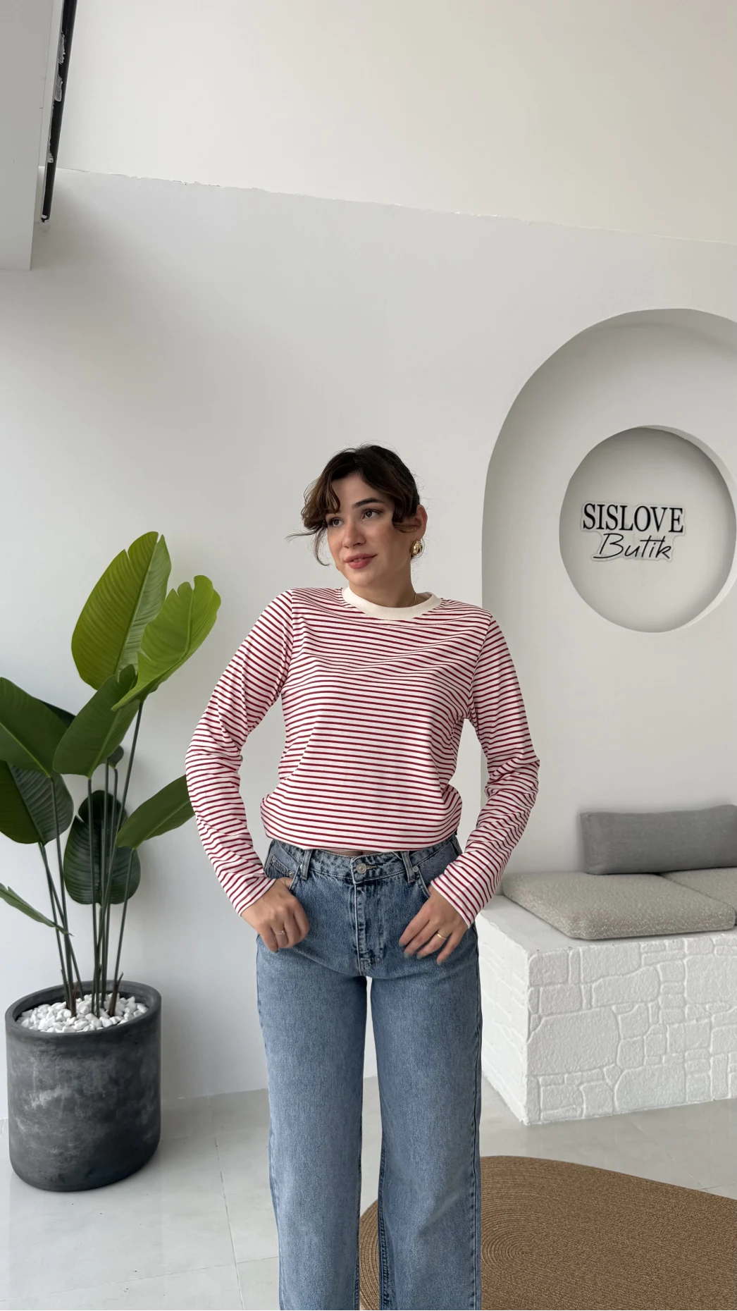 Rosalind Uzun Kollu Çizgili Bluz - Kırmızı