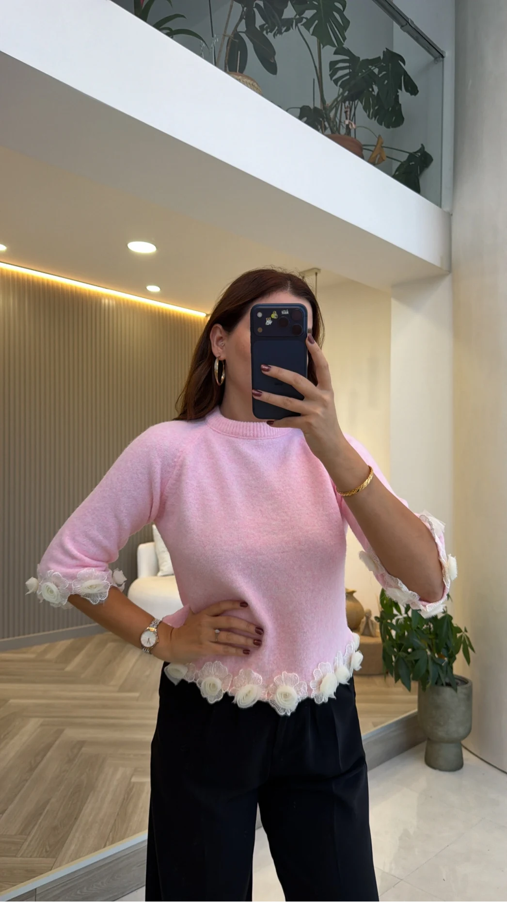 Rose Detay Triko Kazak - Pembe - Kod: 9108