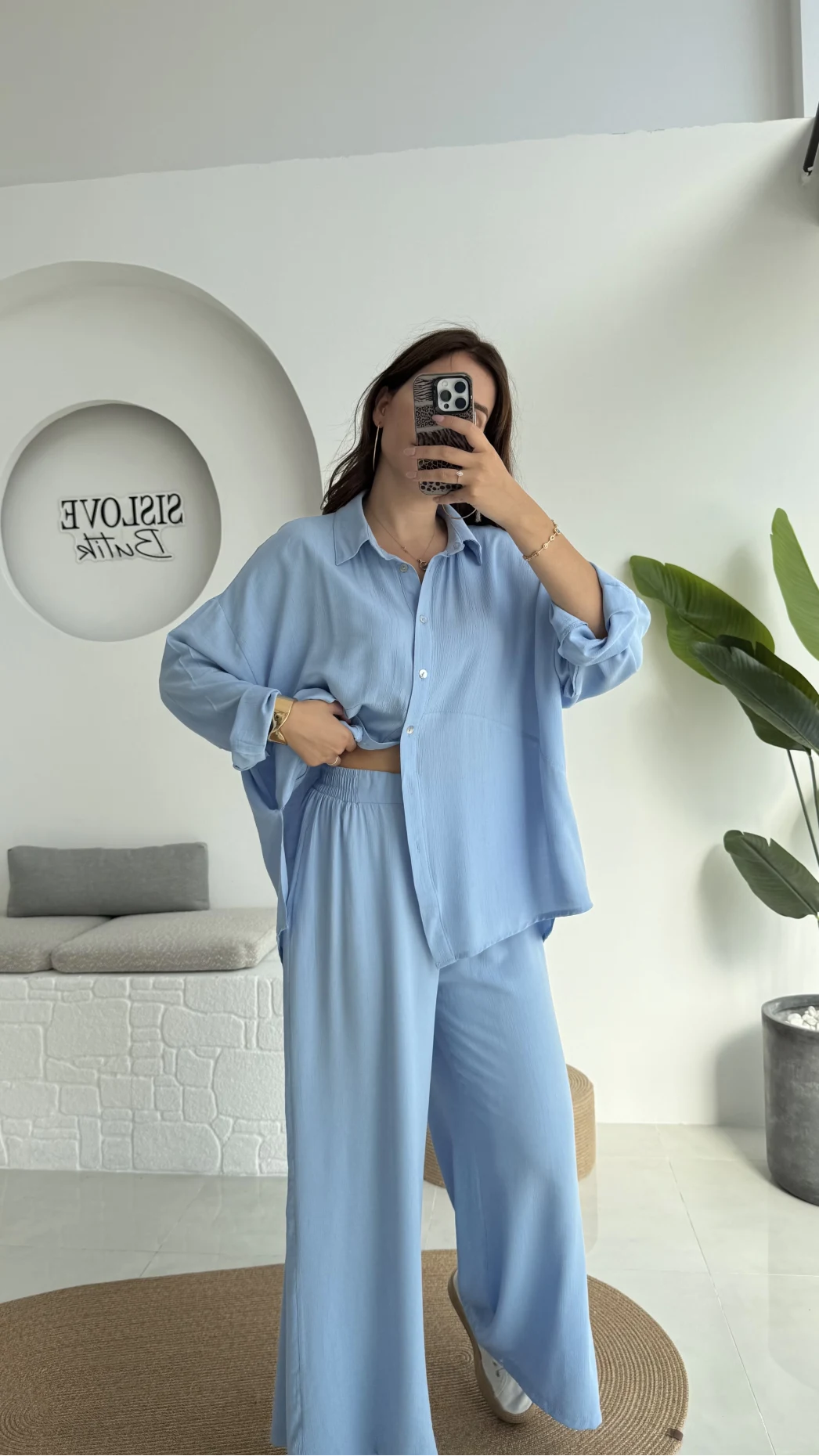 Roxy Gofre Gömlek Pantolon Takım - Mavi - 8008