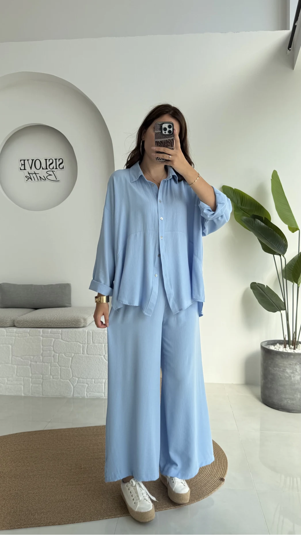 Roxy Gofre Gömlek Pantolon Takım - Mavi - 8008