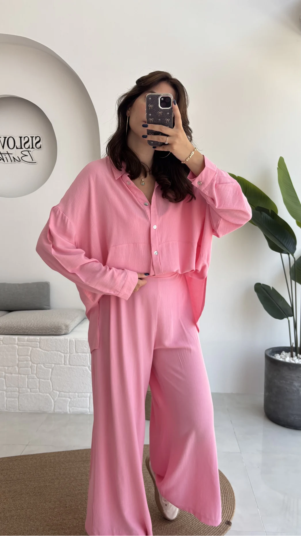 Roxy Gofre Gömlek Pantolon Takım - Pembe - 8008