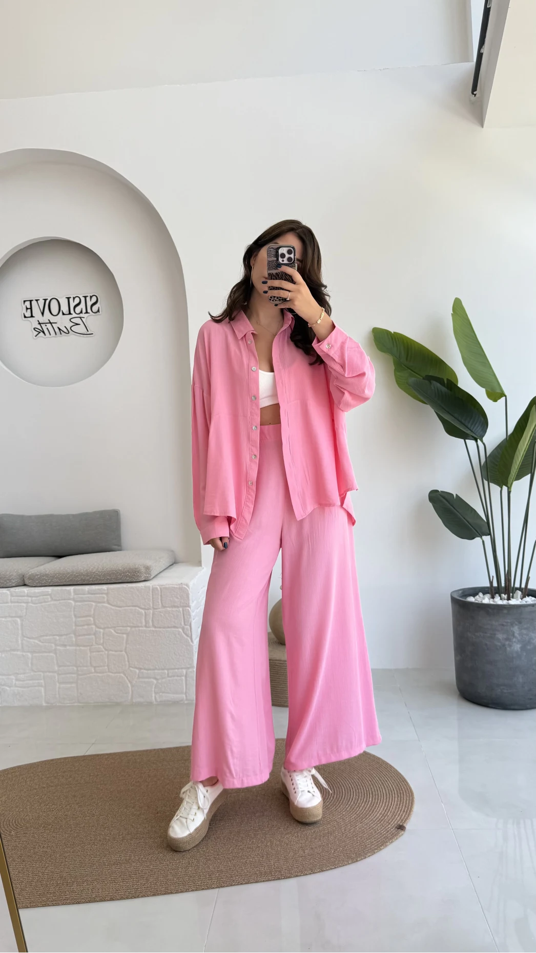 Roxy Gofre Gömlek Pantolon Takım - Pembe - 8008