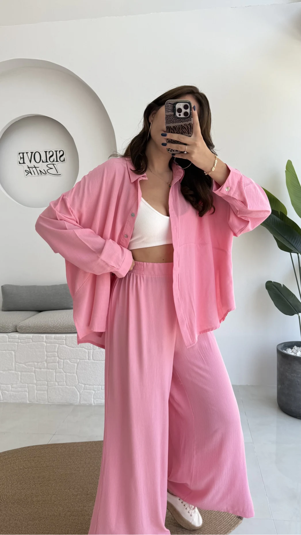 Roxy Gofre Gömlek Pantolon Takım - Pembe - 8008