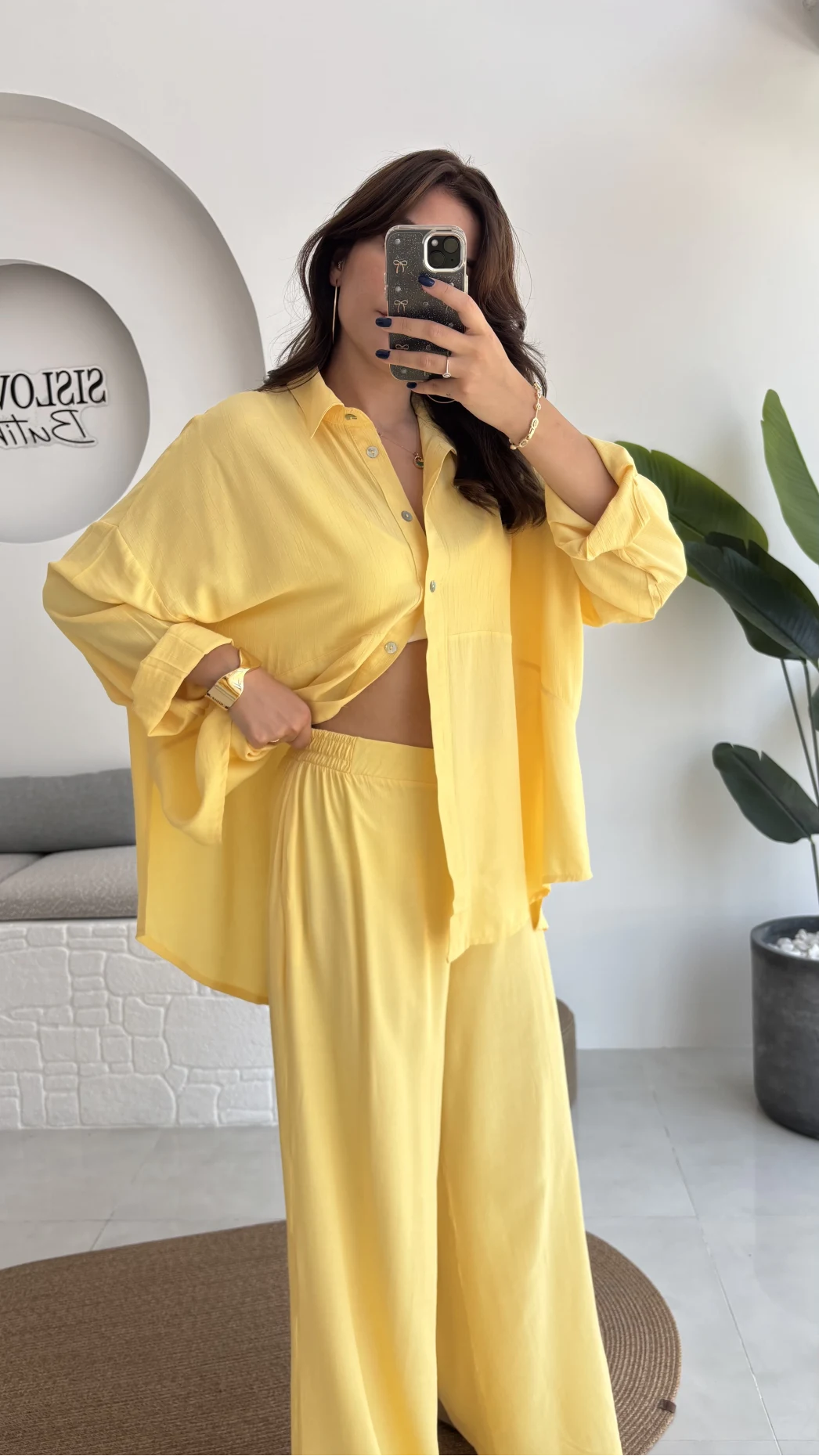 Roxy Gofre Gömlek Pantolon Takım - Sarı - 8008